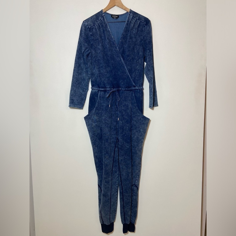 Bebe Jean Jumpsuit Womens M Blue Denim One Piece Stretch Sleek Chic Y2K Moto
